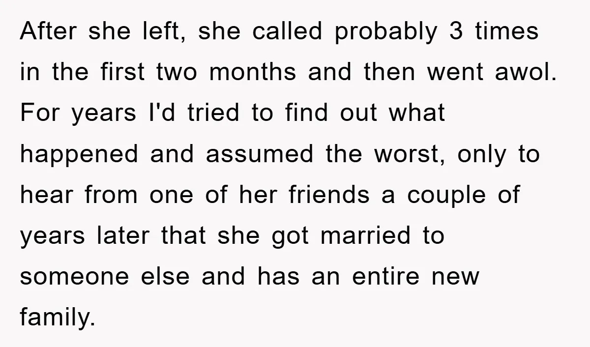 After she left, she called probably 3 times in the first two months and then went awol. For years I'd tried to find out what happened and assumed the worst,...