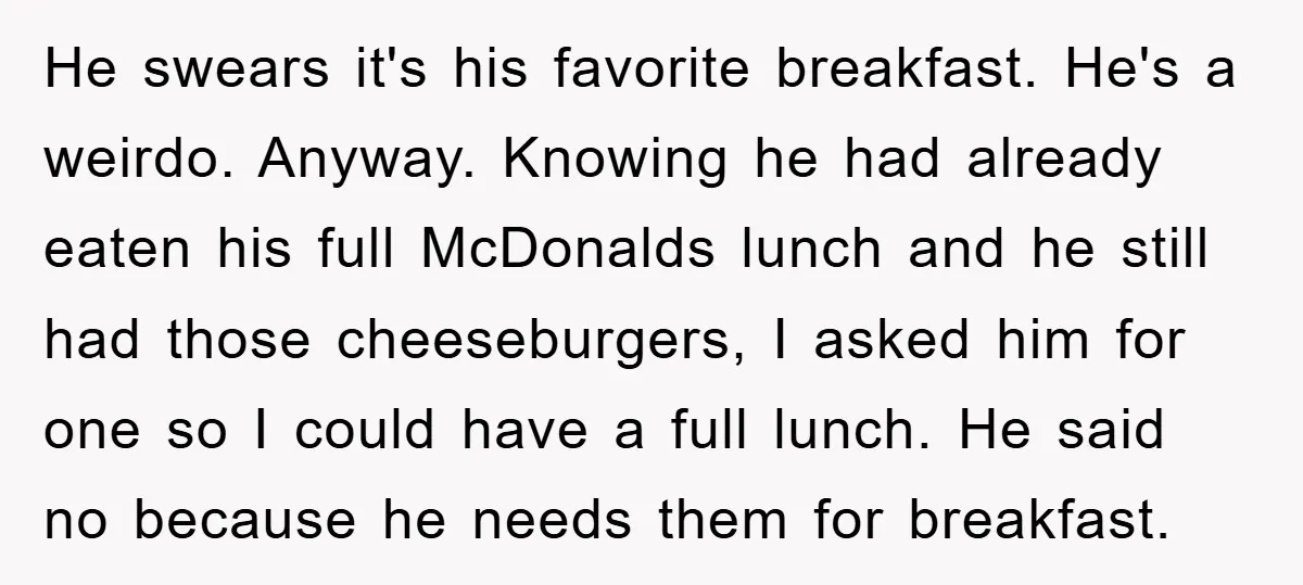 He swears it's his favorite breakfast. He's a weirdo. Anyway. Knowing he had already eaten his full McDonalds lunch and he still had those cheeseburgers, I asked him for one...
