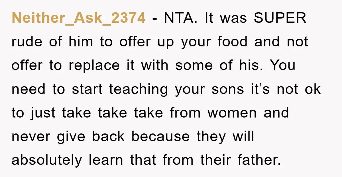 Neither_Ask_2374 − NTA. It was SUPER rude of him to offer up your food and not offer to replace it with some of his. You need to start teaching your...