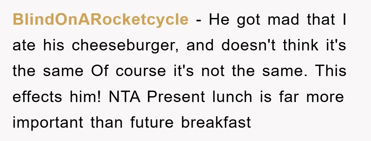BlindOnARocketcycle − He got mad that I ate his cheeseburger, and doesn't think it's the same Of course it's not the same. This effects him! NTA Present lunch is far...