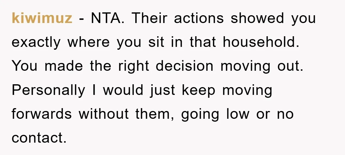 kiwimuz − NTA. Their actions showed you exactly where you sit in that household. You made the right decision moving out. Personally I would just keep moving forwards without them,...