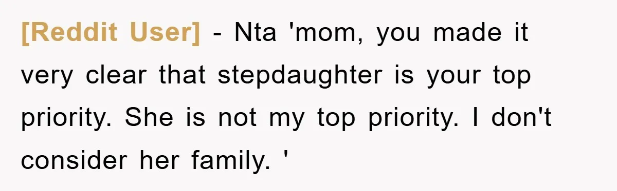 [Reddit User] − Nta 'mom, you made it very clear that stepdaughter is your top priority. She is not my top priority. I don't consider her family. '