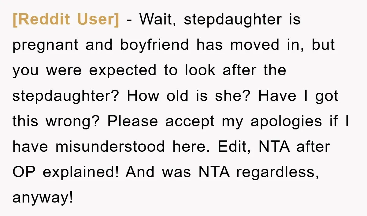 [Reddit User] − Wait, stepdaughter is pregnant and boyfriend has moved in, but you were expected to look after the stepdaughter? How old is she? Have I got this wrong?...