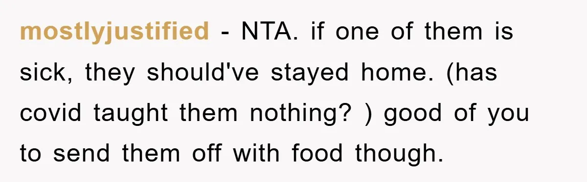 mostlyjustified − NTA. if one of them is sick, they should've stayed home. (has covid taught them nothing? ) good of you to send them off with food though.