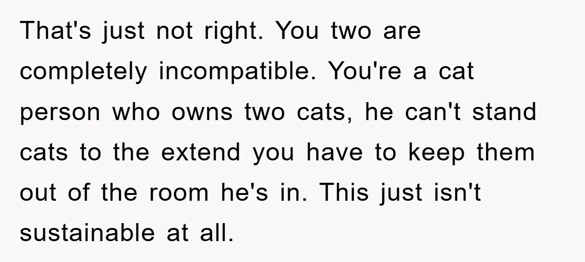 That's just not right. You two are completely incompatible. You're a cat person who owns two cats, he can't stand cats to the extend you have to keep them out...