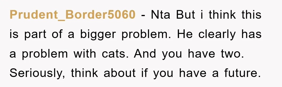 Prudent_Border5060 − Nta But i think this is part of a bigger problem. He clearly has a problem with cats. And you have two. Seriously, think about if you have...