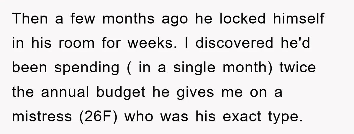 Then a few months ago he locked himself in his room for weeks. I discovered he'd been spending ( in a single month) twice the annual budget he gives me...