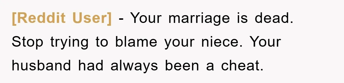 [Reddit User] − Your marriage is dead. Stop trying to blame your niece. Your husband had always been a cheat.