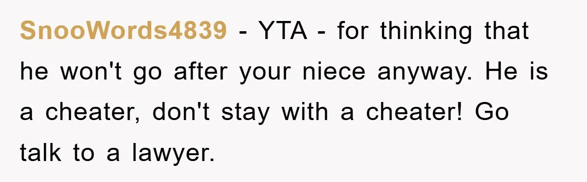 SnooWords4839 − YTA - for thinking that he won't go after your niece anyway. He is a cheater, don't stay with a cheater! Go talk to a lawyer.