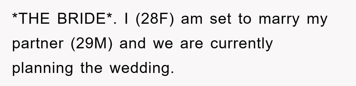 *THE BRIDE*. I (28F) am set to marry my partner (29M) and we are currently planning the wedding.