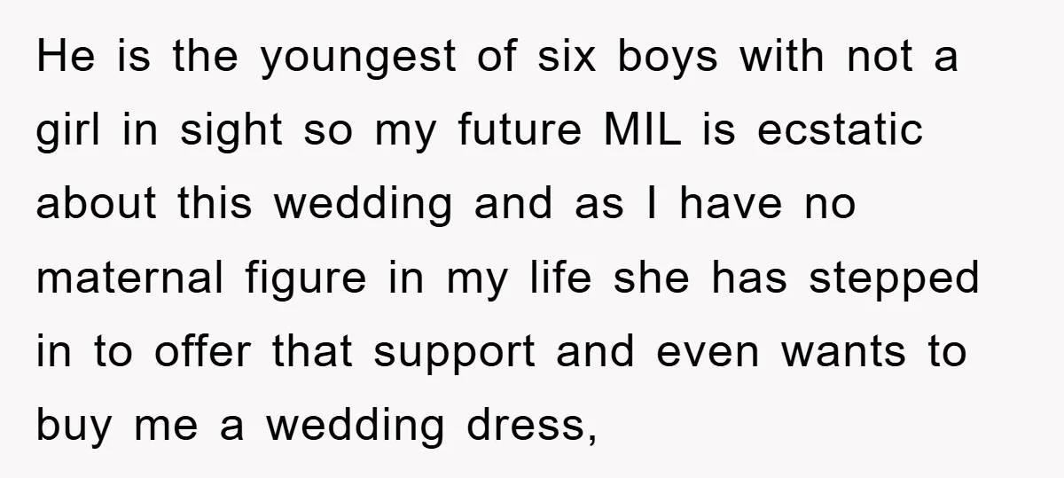He is the youngest of six boys with not a girl in sight so my future MIL is ecstatic about this wedding and as I have no maternal figure in...