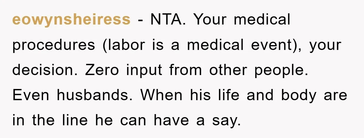 eowynsheiress − NTA. Your medical procedures (labor is a medical event), your decision. Zero input from other people. Even husbands. When his life and body are in the line he...