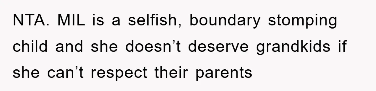 NTA. MIL is a selfish, boundary stomping child and she doesn’t deserve grandkids if she can’t respect their parents