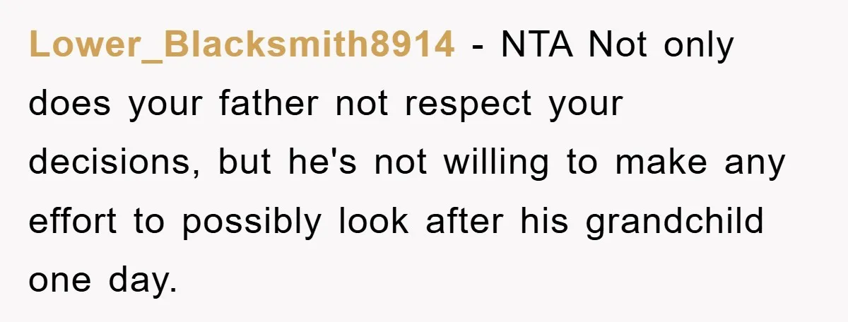Lower_Blacksmith8914 − NTA Not only does your father not respect your decisions, but he's not willing to make any effort to possibly look after his grandchild one day.
