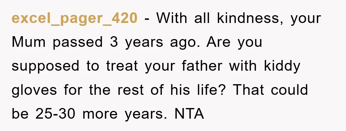 excel_pager_420 − With all kindness, your Mum passed 3 years ago. Are you supposed to treat your father with kiddy gloves for the rest of his life? That could be...