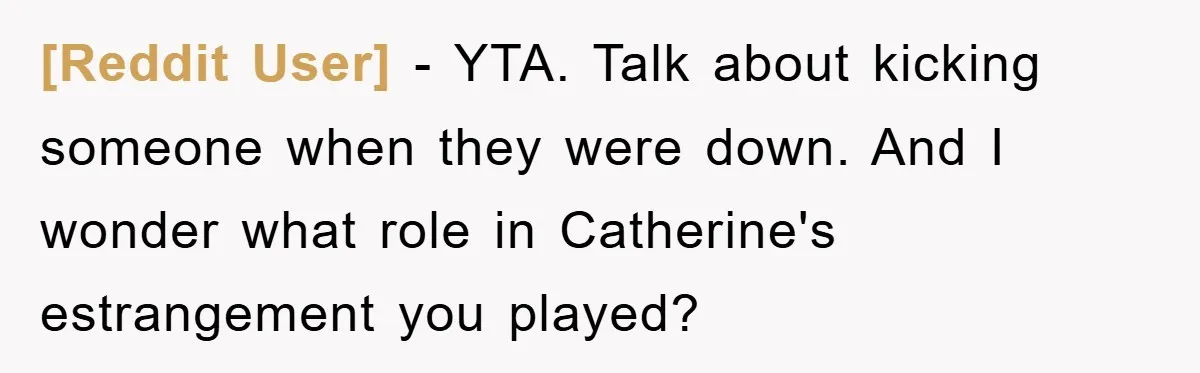 [Reddit User] − YTA. Talk about kicking someone when they were down. And I wonder what role in Catherine's estrangement you played?