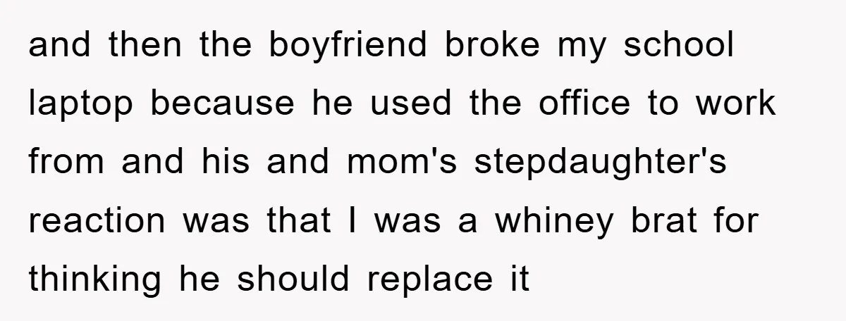 and then the boyfriend broke my school laptop because he used the office to work from and his and mom's stepdaughter's reaction was that I was a whiney brat for...