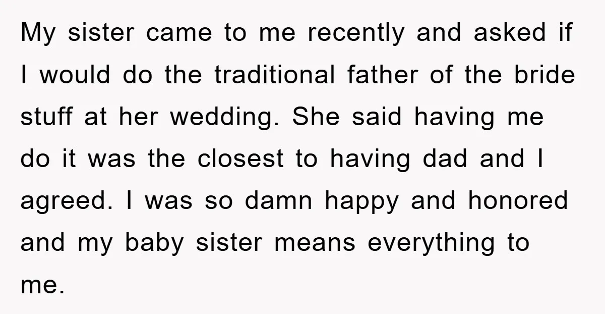 My sister came to me recently and asked if I would do the traditional father of the bride stuff at her wedding. She said having me do it was the...