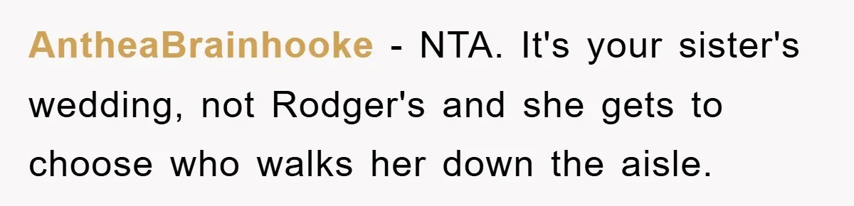 AntheaBrainhooke − NTA. It's your sister's wedding, not Rodger's and she gets to choose who walks her down the aisle.
