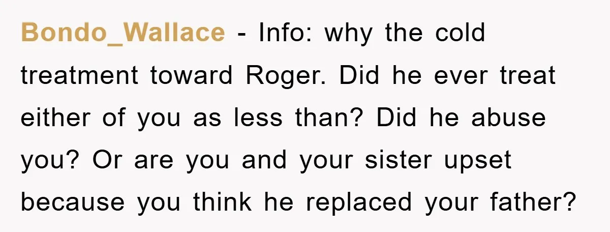 Bondo_Wallace − Info: why the cold treatment toward Roger. Did he ever treat either of you as less than? Did he abuse you? Or are you and your sister upset...