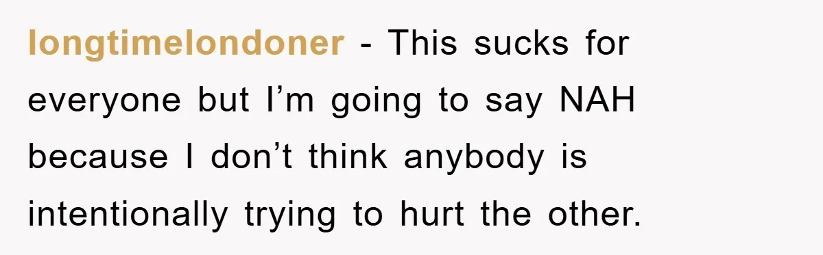 longtimelondoner - This sucks for everyone but I’m going to say NAH because I don’t think anybody is intentionally trying to hurt the other.