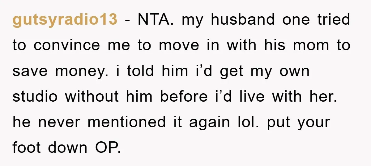 gutsyradio13 − NTA. my husband one tried to convince me to move in with his mom to save money. i told him i’d get my own studio without him before...