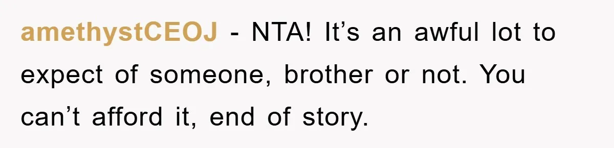 amethystCEOJ − NTA! It’s an awful lot to expect of someone, brother or not. You can’t afford it, end of story.