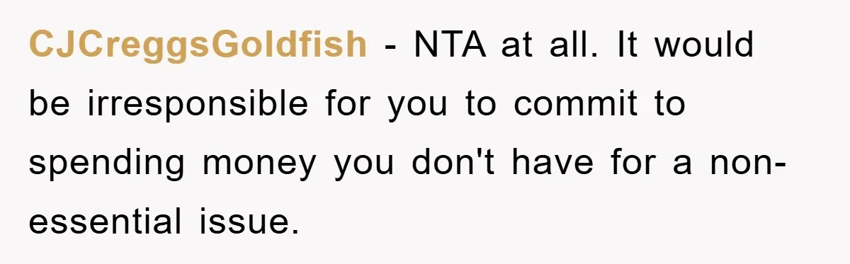 CJCreggsGoldfish − NTA at all. It would be irresponsible for you to commit to spending money you don't have for a non-essential issue.