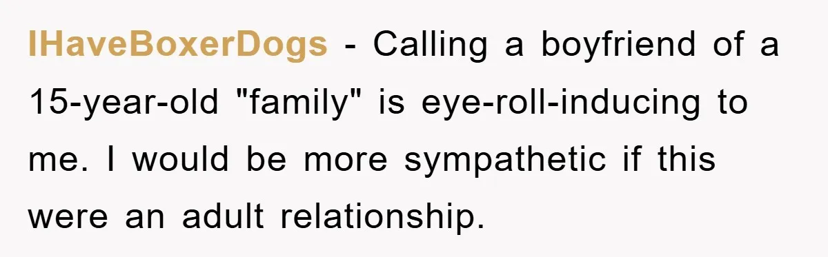 IHaveBoxerDogs − Calling a boyfriend of a 15-year-old "family" is eye-roll-inducing to me. I would be more sympathetic if this were an adult relationship.