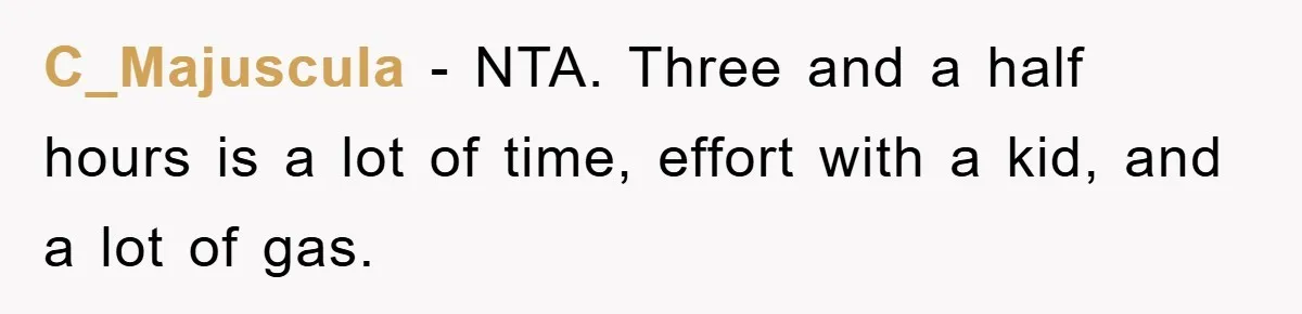 C_Majuscula − NTA. Three and a half hours is a lot of time, effort with a kid, and a lot of gas.