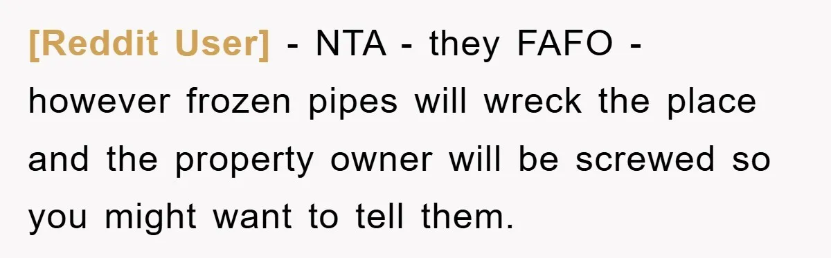 [Reddit User] − NTA - they FAFO - however frozen pipes will wreck the place and the property owner will be screwed so you might want to tell them.