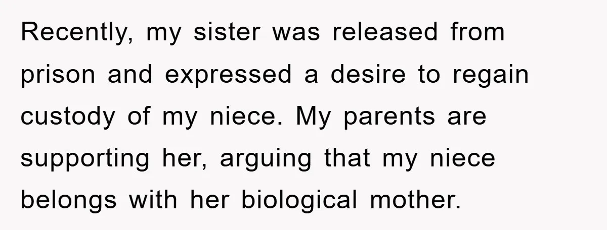 Recently, my sister was released from prison and expressed a desire to regain custody of my niece. My parents are supporting her, arguing that my niece belongs with her biological...
