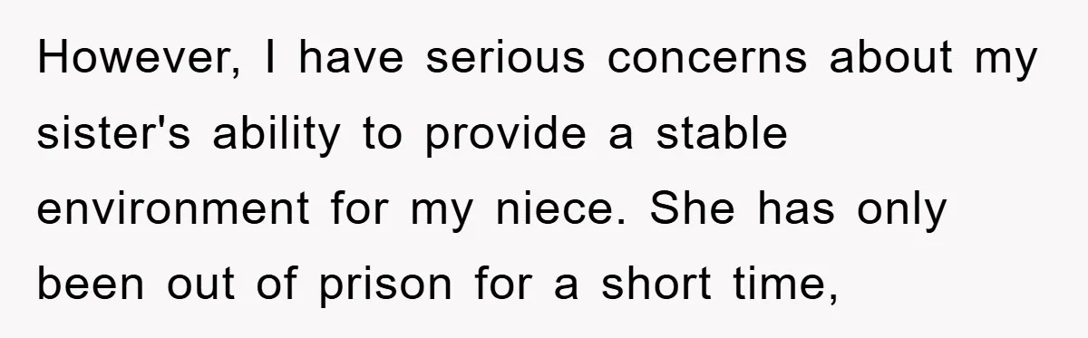 However, I have serious concerns about my sister's ability to provide a stable environment for my niece. She has only been out of prison for a short time,