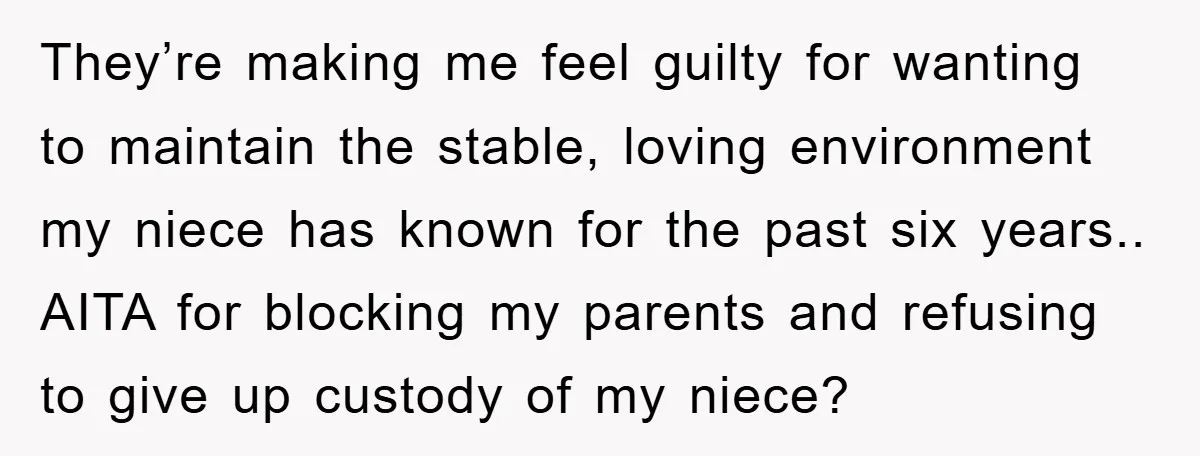 They’re making me feel guilty for wanting to maintain the stable, loving environment my niece has known for the past six years.. AITA for blocking my parents and refusing to...