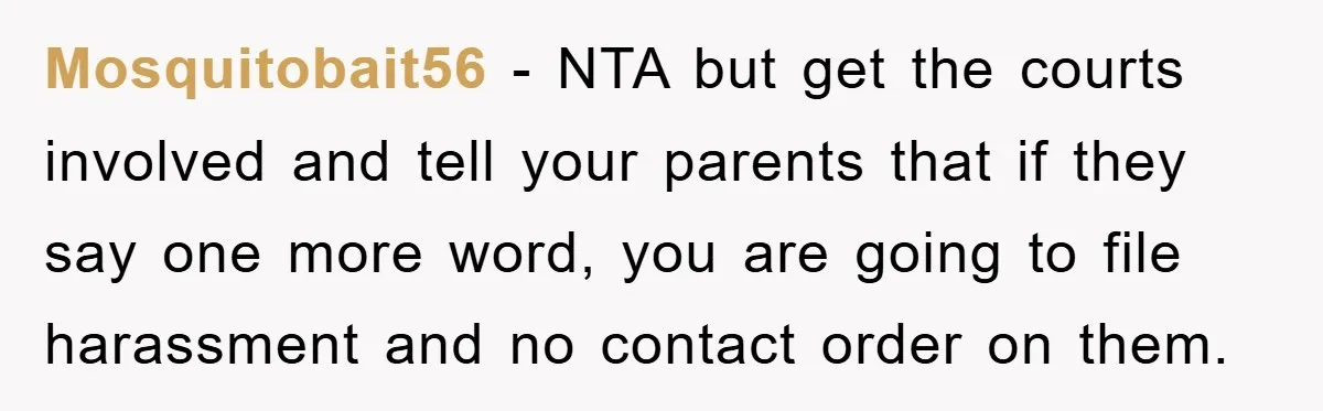 Mosquitobait56 − NTA but get the courts involved and tell your parents that if they say one more word, you are going to file harassment and no contact order on...