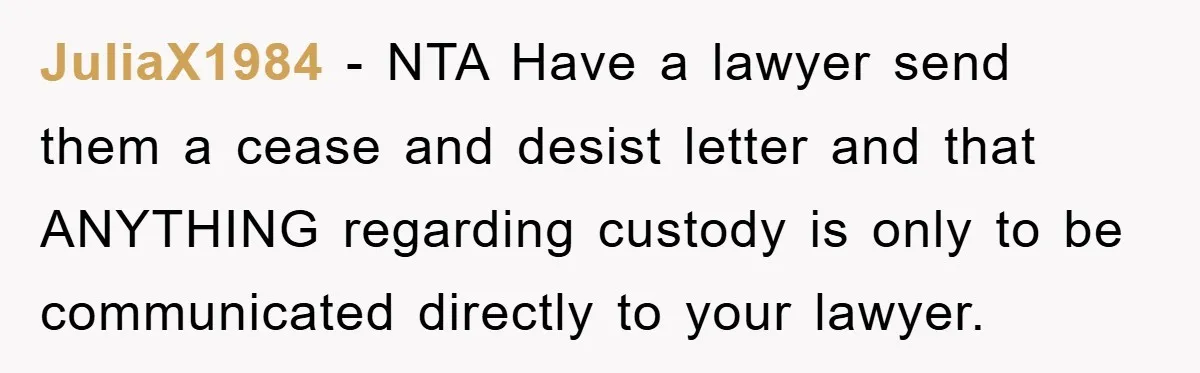 JuliaX1984 − NTA Have a lawyer send them a cease and desist letter and that ANYTHING regarding custody is only to be communicated directly to your lawyer.