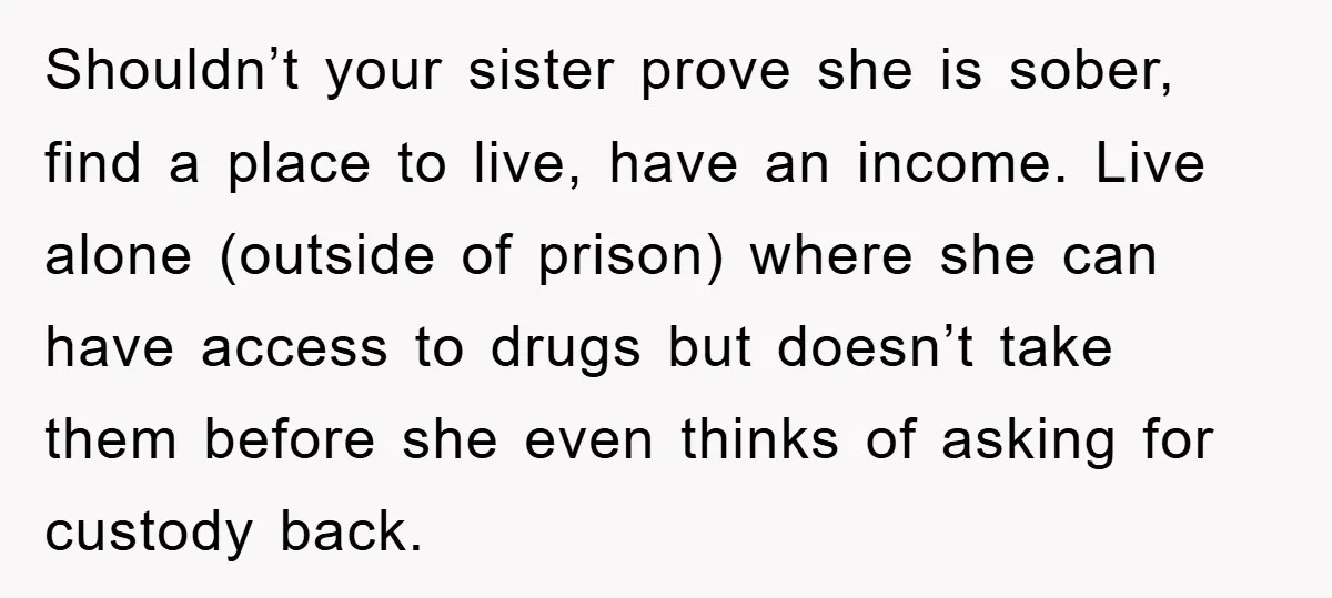 Shouldn’t your sister prove she is sober, find a place to live, have an income. Live alone (outside of prison) where she can have access to drugs but doesn’t take...