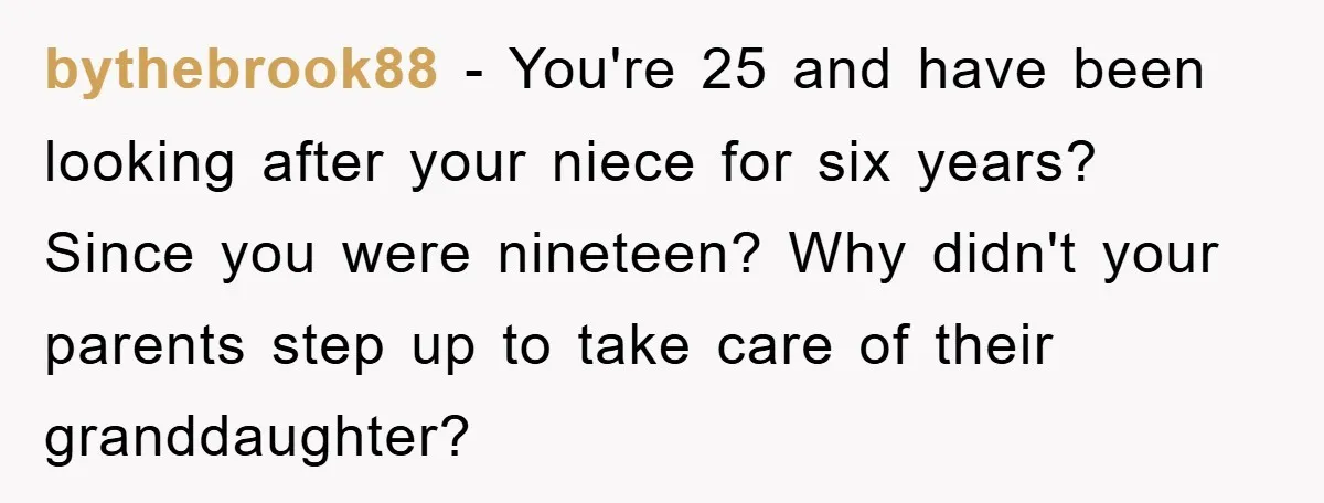 bythebrook88 − You're 25 and have been looking after your niece for six years? Since you were nineteen? Why didn't your parents step up to take care of their granddaughter?