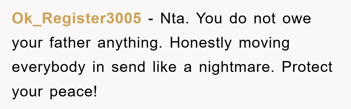Ok_Register3005 − Nta. You do not owe your father anything. Honestly moving everybody in send like a nightmare. Protect your peace!