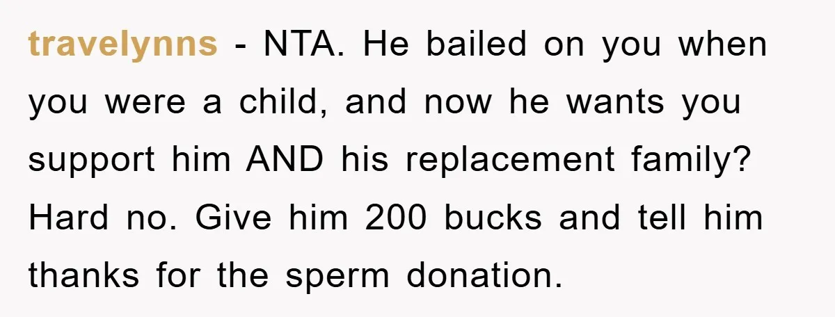 travelynns − NTA. He bailed on you when you were a child, and now he wants you support him AND his replacement family? Hard no. Give him 200 bucks and...