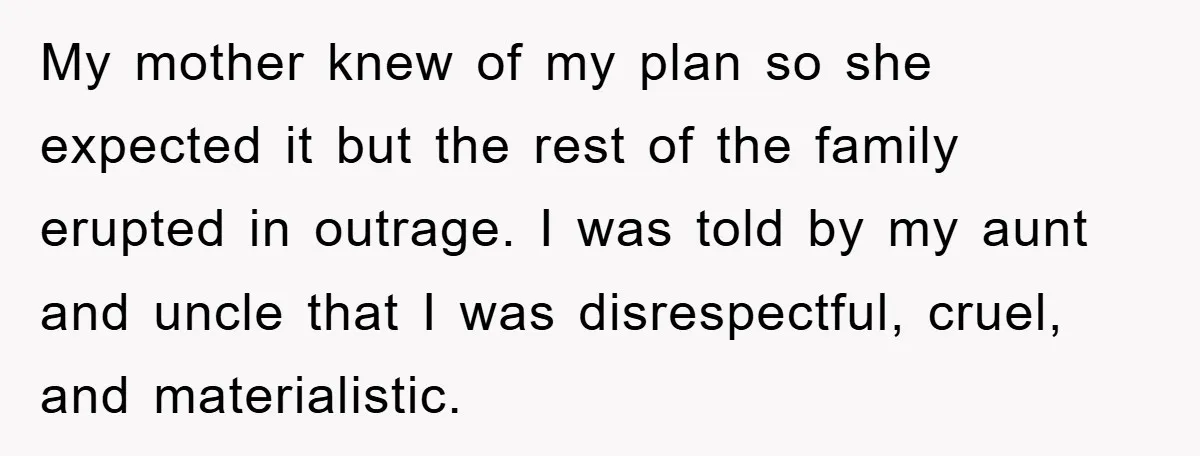My mother knew of my plan so she expected it but the rest of the family erupted in outrage. I was told by my aunt and uncle that I was...