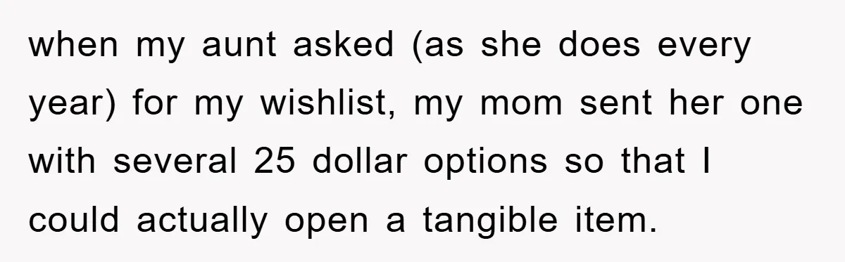 when my aunt asked (as she does every year) for my wishlist, my mom sent her one with several 25 dollar options so that I could actually open a tangible...