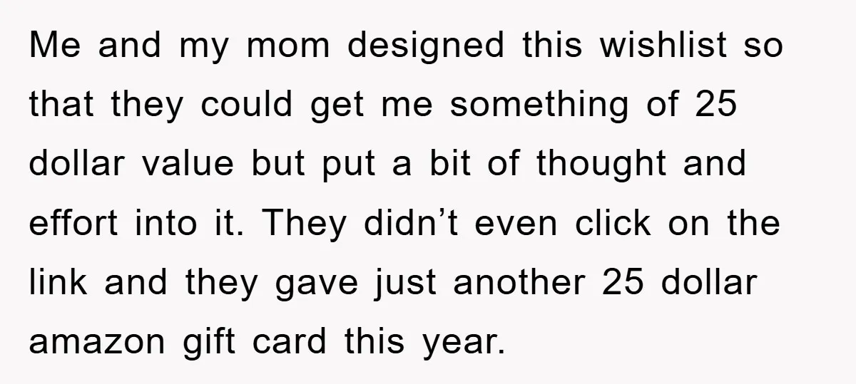 Me and my mom designed this wishlist so that they could get me something of 25 dollar value but put a bit of thought and effort into it. They didn’t...