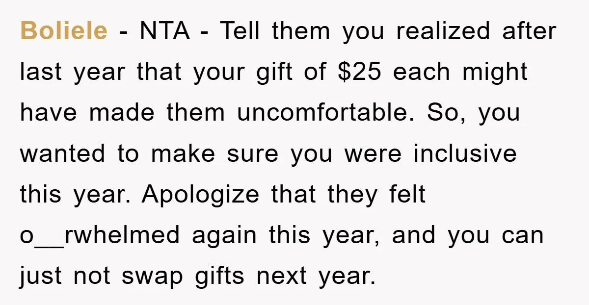 Boliele − NTA - Tell them you realized after last year that your gift of $25 each might have made them uncomfortable. So, you wanted to make sure you were...