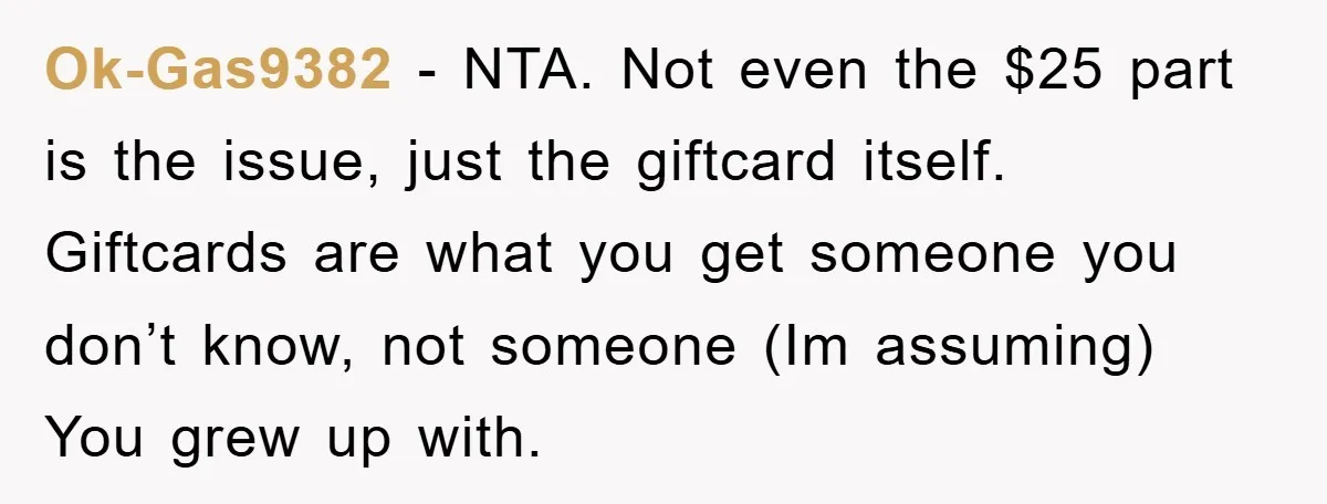 Ok-Gas9382 − NTA. Not even the $25 part is the issue, just the giftcard itself. Giftcards are what you get someone you don’t know, not someone (Im assuming) You grew...