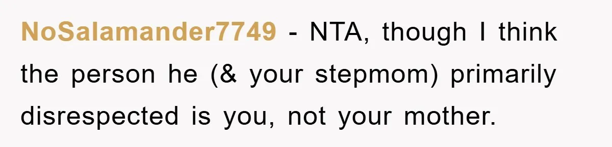 NoSalamander7749 − NTA, though I think the person he (& your stepmom) primarily disrespected is you, not your mother.