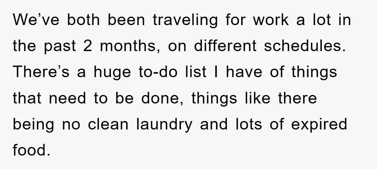 We’ve both been traveling for work a lot in the past 2 months, on different schedules. There’s a huge to-do list I have of things that need to be done,...