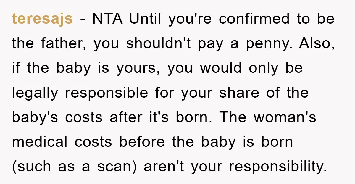 teresajs − NTA Until you're confirmed to be the father, you shouldn't pay a penny. Also, if the baby is yours, you would only be legally responsible for your share...