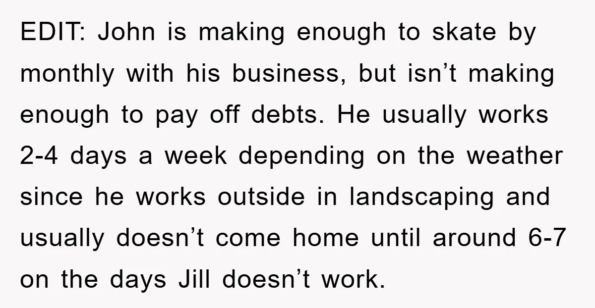 EDIT: John is making enough to skate by monthly with his business, but isn’t making enough to pay off debts. He usually works 2-4 days a week depending on the...