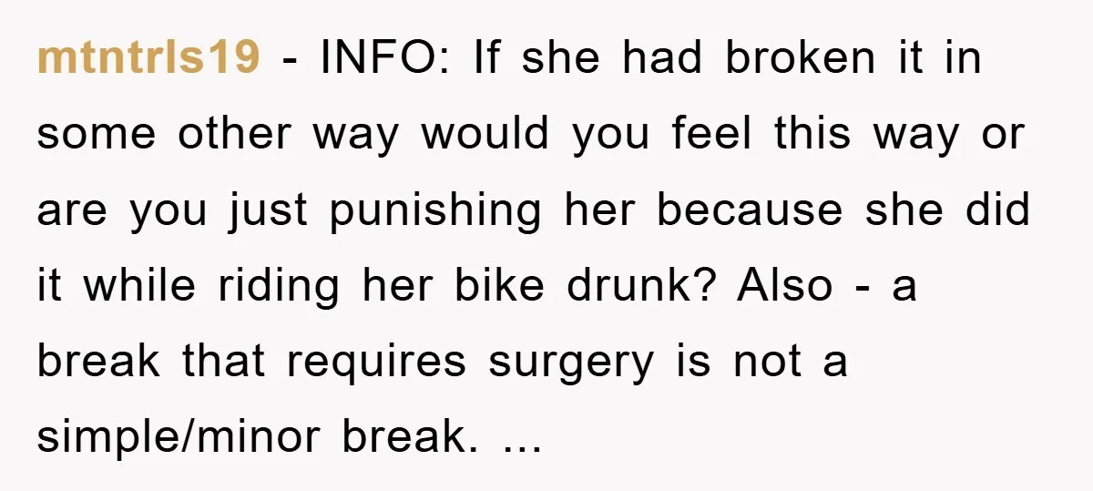 mtntrls19 − INFO: If she had broken it in some other way would you feel this way or are you just punishing her because she did it while riding her...